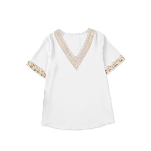 Azura Exchange  White Lace Trim V Neck Short Sleeve Blouse - Picture 14 of 15